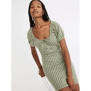 Madewell Jacquard Puff-Sleeve Preppy Mini Dress in Green Gingham Check Size XXS